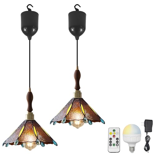 SKIVTGLAMP Adjustable Height Rechargeable Battery Operated Pendant Light, Remote Control, 4Ft Cord, Timer, Wooden Handle Copper Socket Tiffany Glass Coffee Cover Chandeliers for Billboards
