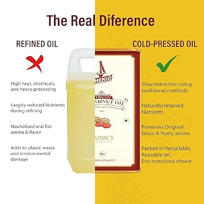 Chekko Cold Pressed Peanut Oil (Groundnut Oil) - 5 Liter (169 Fl Oz) - Unrefined, Wood Pressed for Deep Frying & Cooking - Non-GMO, Pure Natural