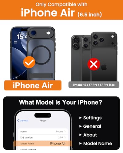 Image of Vihibii for iPhone Air Cover with Stand & Camera Control, [Compatible with Magsafe], Full-Cover Lens Protection, Rugged Hard Back & Silicone Edge, Non-Slip Translucent Slim Case, 6.5 inch 2025, Black