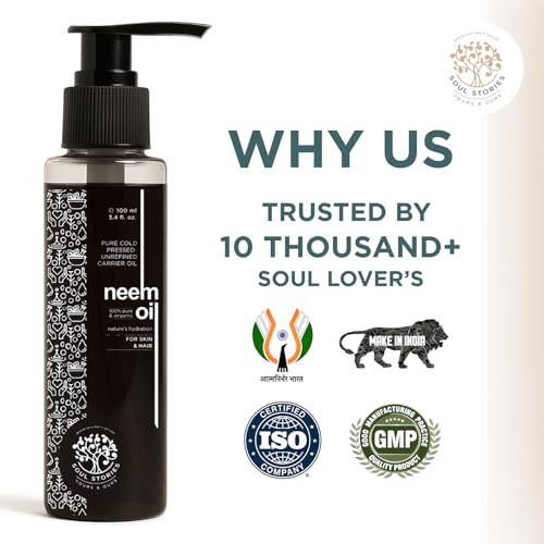 Image of Soul Stories Neem Oil 100ml | 100% Pure Cold Pressed Neem Oil for Hair & Scalp Care | Helps Control Dandruff, Reduce Acne Marks & Soothe Acne-Prone Skin | Lightweight Carrier Oil