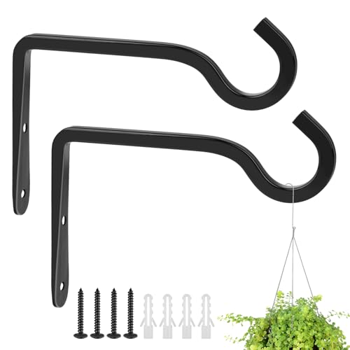 Hanging Basket Bracket, 2 Pack Heavy Duty Hanging Basket Hooks Outdoor with Screws, Iron Black Wall Brackets for Hanging Baskets Plants Lantern Bird Feeder
