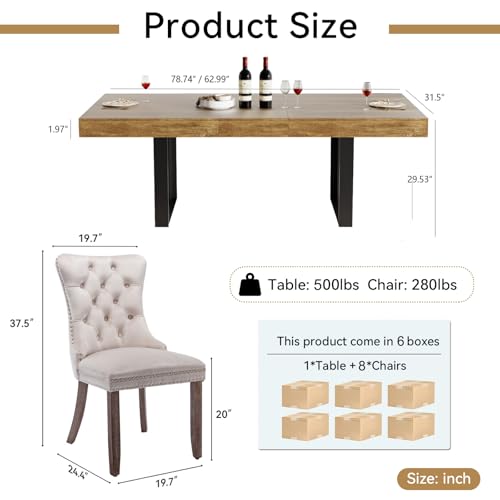 Image of Brown Dining Room Table Set for 8, 9-Piece 63 inch-78.74 inch Extendable Dining Table Set with 8 Upholstered Chairs, Rectangle Wooden Expanding Kitchen Table and Beige Chairs Set