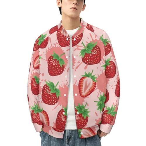 VOSERY Cute Strawberry Juice Bomber Jacket Men, Casual Varsity Jacket Men, Baseball Bomber Jackets with Pocket4