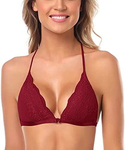 Image of SHEKINI Women's Embroidered Triangle Bra Front Closure Plunge Wireless Lightly Lined Lace Bralette Top