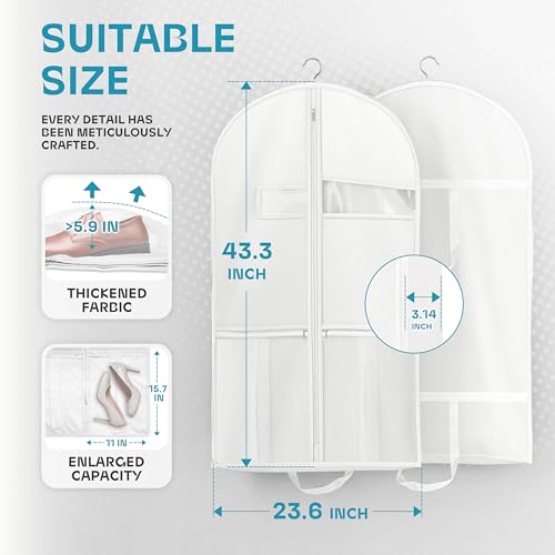 Image of 43 inch Travel Garment Bag with Accessories Zipper Pocket, Heavy Duty Suit Bag for Suits, Tuxedos, Dresses, Coats, White, 1 pack