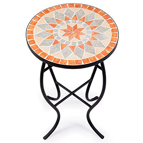 COZ 14” Mosaic Top Side Table Beige with 36cm Ceramic Tile Top, Indoor and Outdoor Accent Table