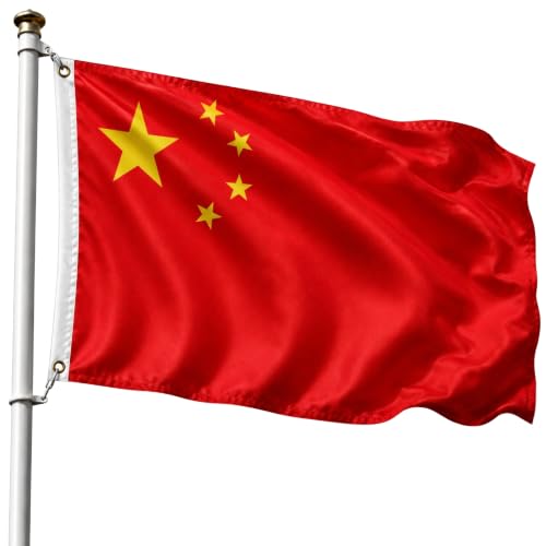 Bandera China 90x150cm, Bandera Roja de 5 Estrellas con 2 Ojales de Latón, chinese flag, Bandera Copa del Mundo, Bandera de País para exterior, Material Poliéster, Resistente al viento y lluvia
