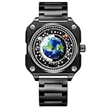 MINILUJIA Reloj de pulsera creativo con diseño de mapamundi para hombre, resistente al agua hasta 30 m, con esfera cuadrada giratoria y esfera cuadrada, con caja de regalo, Negro Stainless steel band,