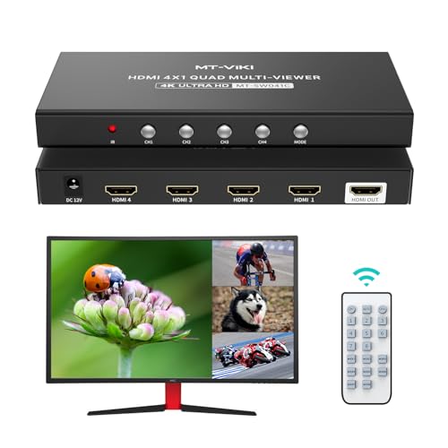MT-VIKI 4K HDMI Quad Multi-Viewer 4x1 w/IR Remote, 4K@30Hz Seamless HDMI Switcher 4 in 1 Out for PS4/PS5/Security Camera