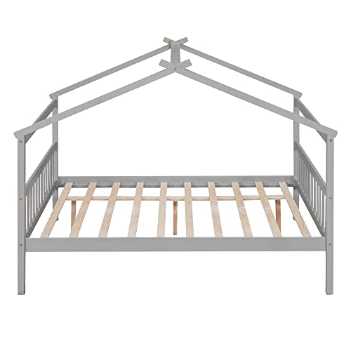 House-Full-Bed-with-Trundle-for-Kids-Wood-Full-Daybed-Roof-Full-Size-Platform-Frame-Full-Canopy-Bed-Playhouse-Teens-Girls-BoysNo-Box-Spring-NeededGray House Full Bed with Trundle for Kids Wood Full Daybed Roof Full Size Platform Frame Full Canopy Bed Playhouse Teens Girls BoysNo Box Spring NeededGray