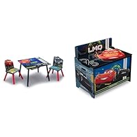 Delta Children Kids Table and Chair Set with Storage (2 Chairs Included) - Ideal for Arts & Crafts, Snack Time, Homework & More, Disney/Pixar Cars, 3 Piece Set & Deluxe Toy Box, Disney/Pixar Cars