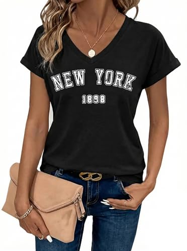 LovelyWholesale Women Graphic T Shirts Summer V Neck Short Sleeve Tops Black New York B Medium