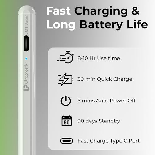 Image of ULTRAPROLINK Jot Pencil|Stylus Pen For Ipad,Android Tablets&Mobiles|Palm Rejection For Ipad|Magnetic|10Hr Use|Fast Charging|12-Month Warranty|For Ios & Android Touchscreens|Led Indicator|3 Nibs,White