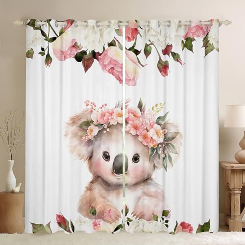 Feelyou Cute Koala Curtains for Bedroom Living Room (2 Panels, 52 x 90 Inch) Kids Cartoon Animal Blackout Curtains Flower Floral Print Darkening Drapes Farm Zoo Garden Theme Window Treatments