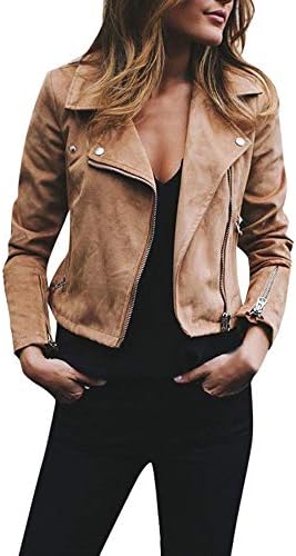Muyise Women's Jacket Solid Retro Faux Leather Zip Up Cropped Coat Casual Holiday Slim Fit Baseball Uniform Outerwear S-5XL,Khaki,X-Large