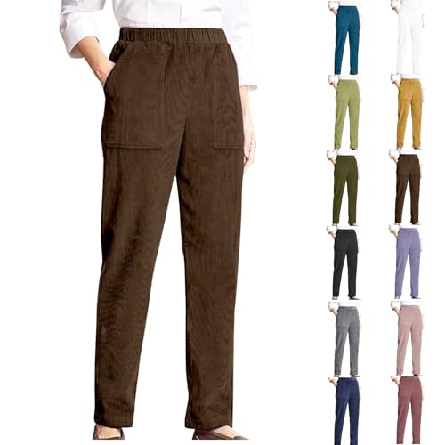 Womens Corduroy Pants Elastic High Waisted Straight Leg Pull On Trousers Casual Fall Winter Comfy Cotton Slacks with Pockets