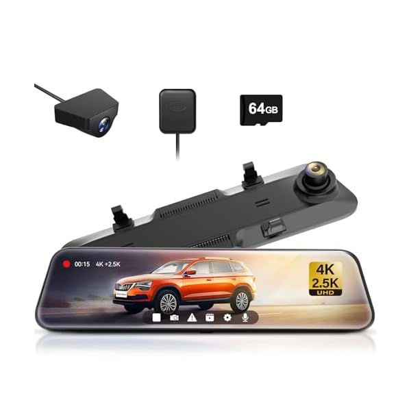WOLFBOX G900 Rear View Mirror Camera, Mirror Dash Cam 4K Front and 2.5K Rear, Smart Full 12’’ Touch Screen, Backup Camera for Car, GPS, WDR, Night Vision, Included 64GB Card