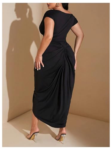Floerns Women's Plus Size Asymmetrical Neck Long Dress Ruched Slit Hem Cocktail Dress4