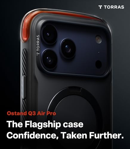 Image of TORRAS Ostand Q3 Air Pro iPhone 17 Pro Case, Dual Airbag Drop Protection, 360 Rotating Magnetic Stand, Compatible with MagSafe, Shockproof Bumper Back Cover, Black