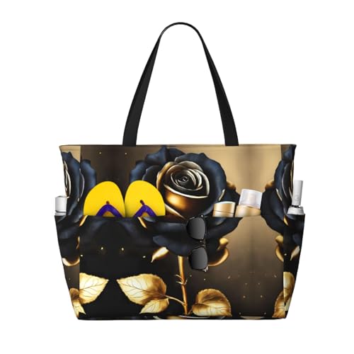 Sac fourre-tout fleurs noires et dorées pour femme avec grand sac à bandoulière de capacité