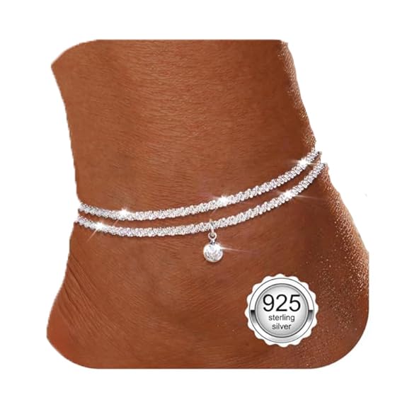 925 Sterling Silver Ankle Bracelets for Women Silver Anklet Adjustable Womens Anklets Waterproof Dainty Layered Anklets Beaded Sparkling CZ Heart Pearl Beach Ankle Bracelets for Women