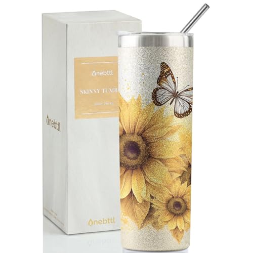 Sunflower Butterfly Gifts for Sunflower Lovers, 20oz Insulated Stainless Steel Tumblers with Lids and Straws, Perfect Gifts for Best Friend, Christmas, Birthday - Butterfly