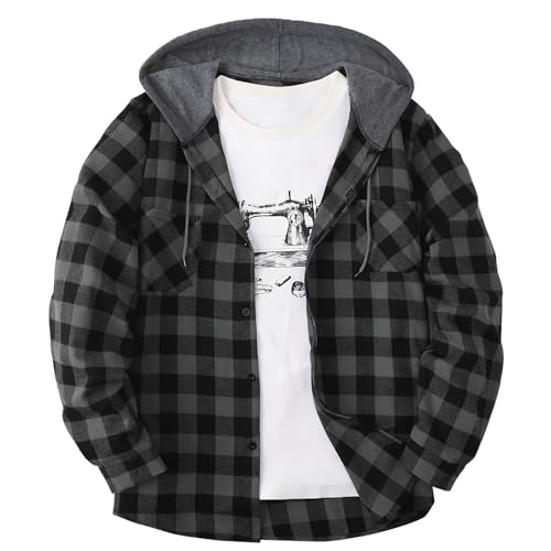 Clothes For Men Outfits Plaid Patchwork Hoodies Oversized Button Down Shirt Stylish Drawstring Jackets With Pockets