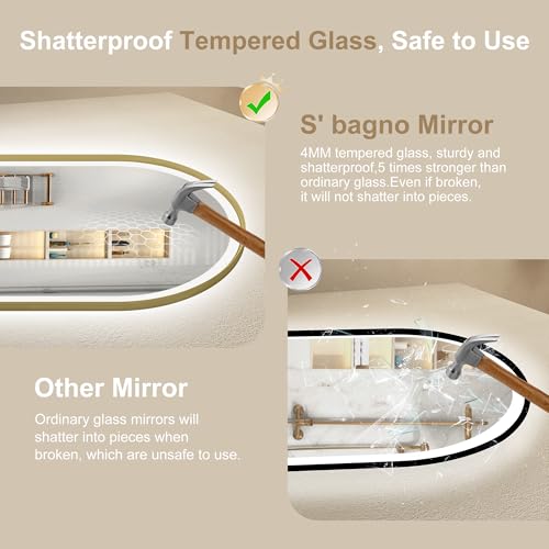 Miniatura 8 de S Bagno Espejo Baño Con Luz Ovalado 50x80 Cm, Espejos De Baño Con Led Y Marco De Aluminio, Antivaho, 3000k-6500k, Cristal Templado Hd, Ip44, Función De Memoria, Horizontal Vertical, Dorado
