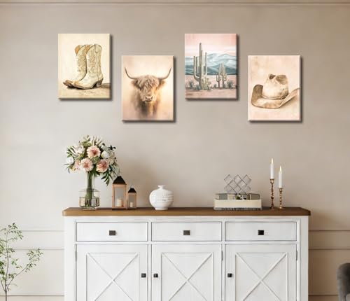 Image of Frimeeme 4 Piece Vintage Western cowboy Canvas Wall Art, Framed 8x10 Inches | Highland Cattle and Cowboy Boots, Vintage Farmhouse Style for Farmhouse Living Room Bedroom Home Decoration