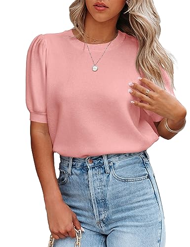 Image of Womens Puff Short Sleeve Sweater Tops Crewneck Basic Knit Pullover Lightweight Casual Sweaters