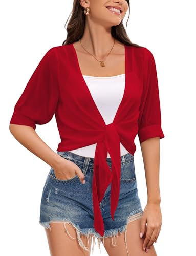 Image of Cardigan for Women Lightweight Summer 3 /4 Sleeve Dressy Casual Red XXL