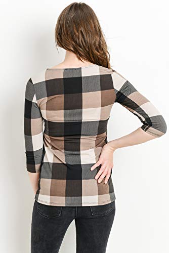 Laclef Women's Round Neck 3/4 Sleeve Front Pleat Peplum Maternity Top, Brown Plaid, Large #TOP4