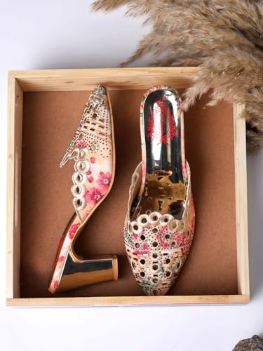 Image of Shoetopia Women's Embroidered Floral Mule Heels - Closed Toe Block Heel Slip-On Party & Ethnic Footwear Sandals