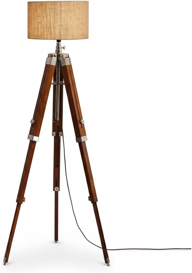 Rustic Wooden Tripod Floor Lamp Base with Adjustable Height and Metal Detailing | Mid-Century Inspired Standing Light for Bedroom, Living Room, or Office Decor. (Shade Not Included)