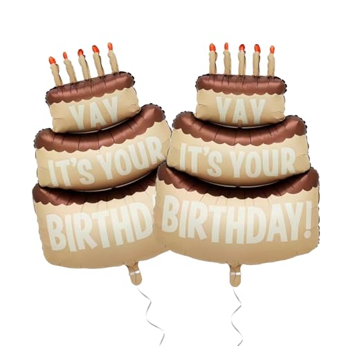 Image of 2PCS Happy Birthday Cake Foil Balloons, 40 inch Large Three-Layer Mylar Birthday Balloons, Yay Balloon for Girls Boys Kids Baby Shower Party Decorations, Brown