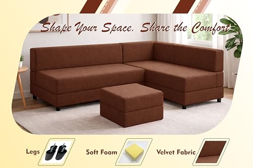 Image of Leg Sofa Cum Bed with Ottoman | Jute Fabric | Multipurpose Folding 3 Seater Sofa Bed 5x6 Ft for Living Room | Space Saving Furniture | Modern Design - Brown