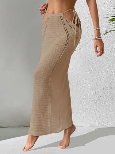 Womens Crochet Knit Slim Fit Beach Sarong Summer 2025 Waist Tie Hollow Out Bathing Suit Cover Up Maxi Skirt2