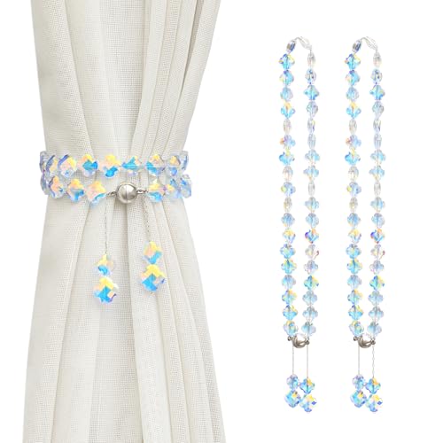Magnetic Curtain Tiebacks,Crystal Beads Rope Drapery Holdbacks Holder for Small,Thin or Sheer Window Draperies,15 Inch Long,2 Pack (Lucky)