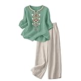 FannBiatty Conjunto Mujer Verano 2 Piezas Original Moda Algodon y Lino Traje de Primavera Ligero Chándal Blusa Manga 3/4 Pantalones Ropa de Playa Vacaciones Deportivo Casa Trabajo M-3XL