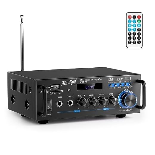 Moukey Bluetooth 5.0 Stereo Amplifier for Home Audio Speakers - Portable 2 Channel Desktop Power Amplifier Receivers with FM Radio, MP3/USB/SD Readers, 2 Mic Input, Remote (Peak Power 100W) MAMP3