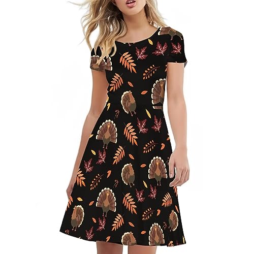 Image of POLERO Sunflower Dress for Women Floral Summer Dresses Short Sleeve Casual Sundresses Midi Dresses