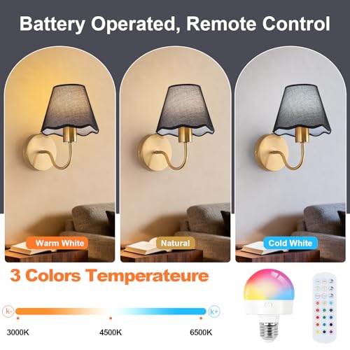 Image of ADISUN Battery Operated Wall Sconce Set of 2, Gold Wall Lamps Rechargeable Bulbs for Living Room, Black Rattan Shade, Wireless Wall Lights for Bedroom Living Room Hallway Kitchen(2 Bulbs Included)
