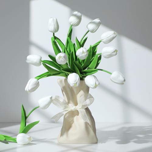 Image of White Fake Tulips Artificial Flowers - 24 Pcs Artificial Silk White Tulips Faux Flowers with Stems for Home Wedding Hotel Office Centerpiece Decor Easter Decorations