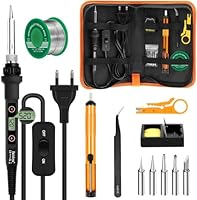 Lötkolben Set 80W LCD Einstellbar Temperatur 180-520°C Lötkolben mit Ein/Aus Schalter, 50g Lötdraht, 5 Lötspitzen, Entlötpumpe, Lötkolbenständer, Pinzette, Lötset für Elektrische Arbeiten