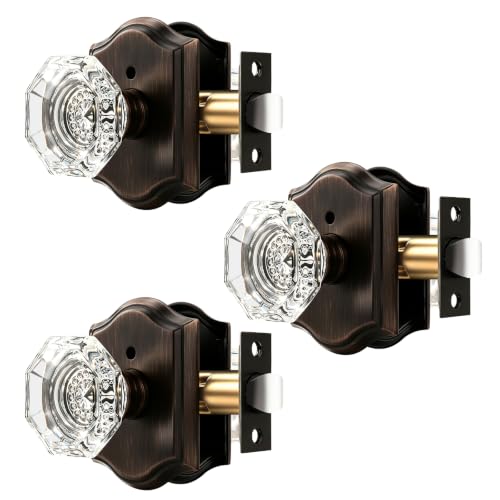 Orger Octagonal Crystal Door Knobs 3 Pack, Interior Privacy Door Handle for Bed/Bathroom with Pin Lock Inside, Oil Rubbed Bronze Vintage Rosette Door Knob with Heavy Duty Genuine Glass