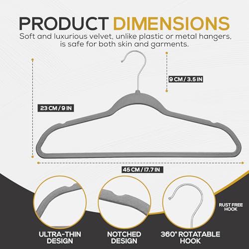 Image of Techzoo Premium Velvet Hangers 50 Pack Ultra Thin Non Slip Adult Felt Space Saving Slim Suit Hanger for Closet Heavy Duty Coat Pants Jackets Dress Hangers 360 Swivel Hook Hold Upto 10 lbs Gray