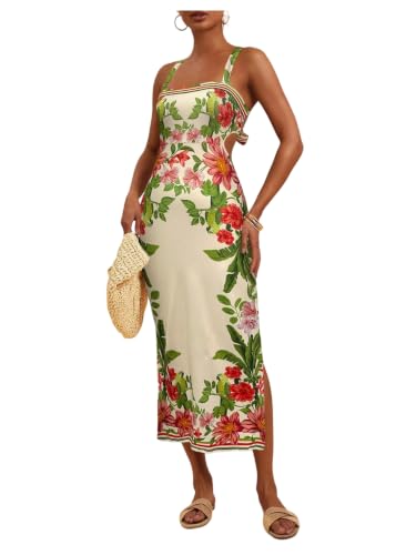 Image of Floerns Women's Tropical Bow Tie Back Long Dress Sleeveless Maxi Dress | Hawaiian Resort Wear, Coastal Vacation, Beach Wedding Guest, Side Slit, Spring Break Outfits