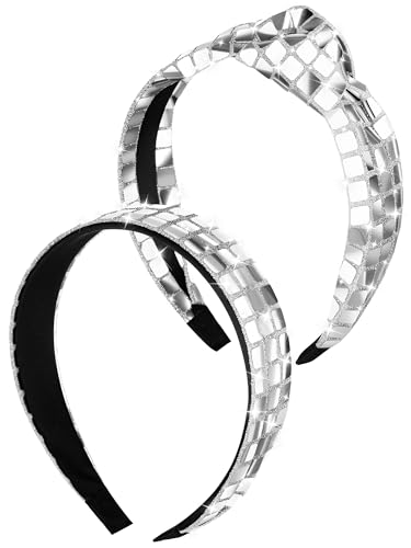 Hoteam 2 Pcs 70s Glitter Disco Headband for Women Halloween Silver Headband Retro Wide Knotted Headpiece for Barrette Styling Tools Accessories Bachelorette Eve Bridal Shower New Years(Classic Style)