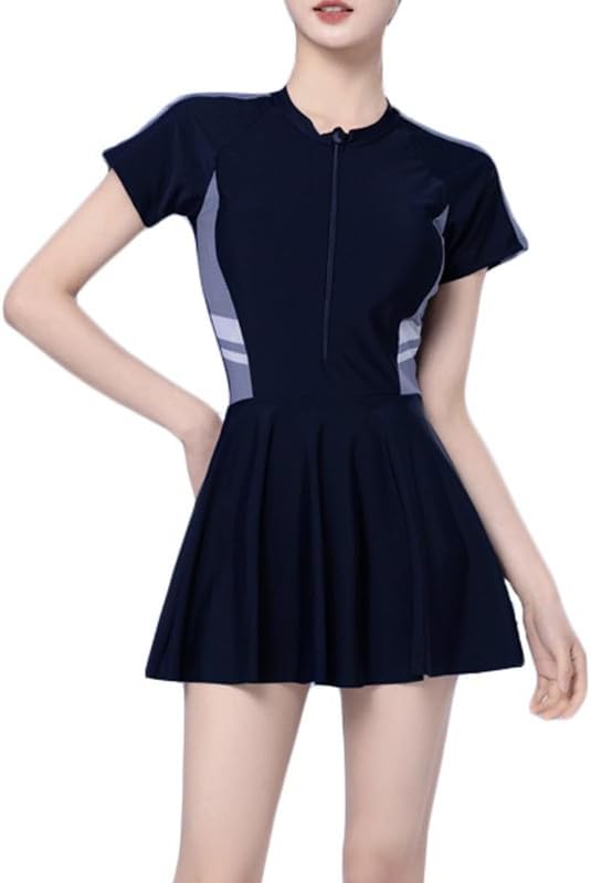 JadeRich Women Short Sleeve Rash Guard Swimsuit One Piece Modest Skirted Surfing Suit Zip Sporty Swimdress