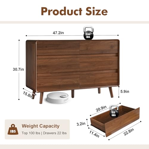 Image of Nasonet 6 Drawer Dresser for Bedroom, 47'' Wide Mid Century Modern Dresser with Solid Wood Legs, Walnut Chest of Drawers Dresser TV Stand for Bedroom